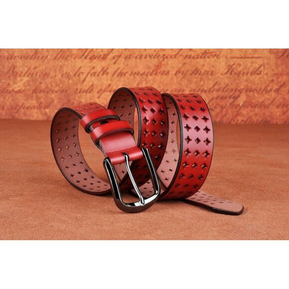 Women's Red Soft Genuine Leather Belts with Pin Buckle Comfortable - Picture 3 of 6